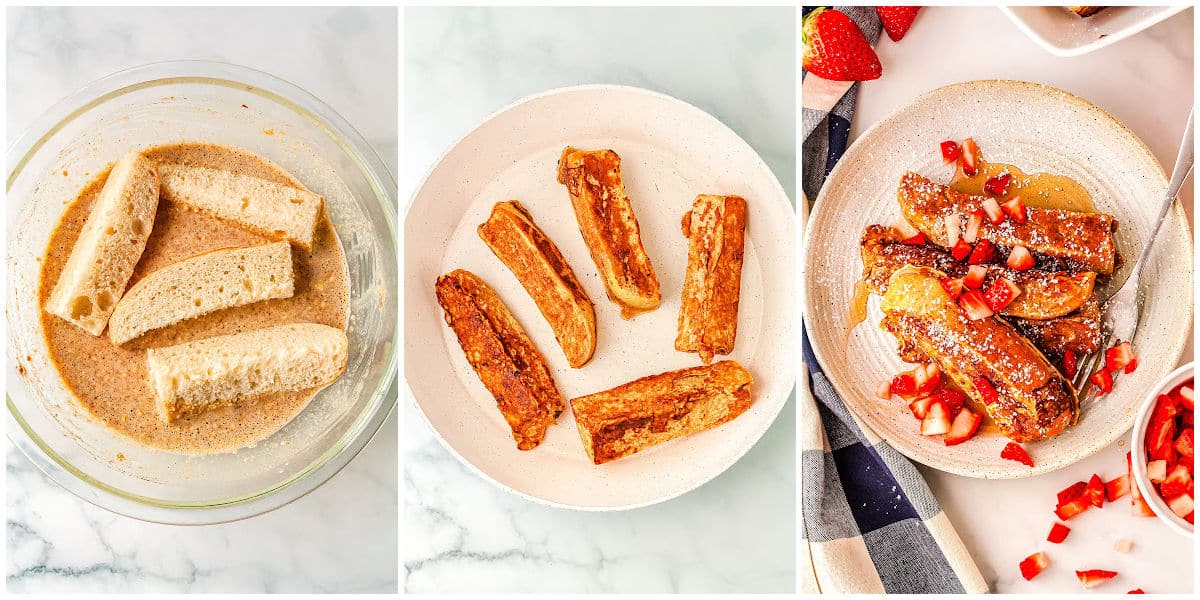 a collage showing how to dip the French bread sticks, the cooked sticks, and after garnishing the sticks with syrup and strawberry slices and powdered sugar