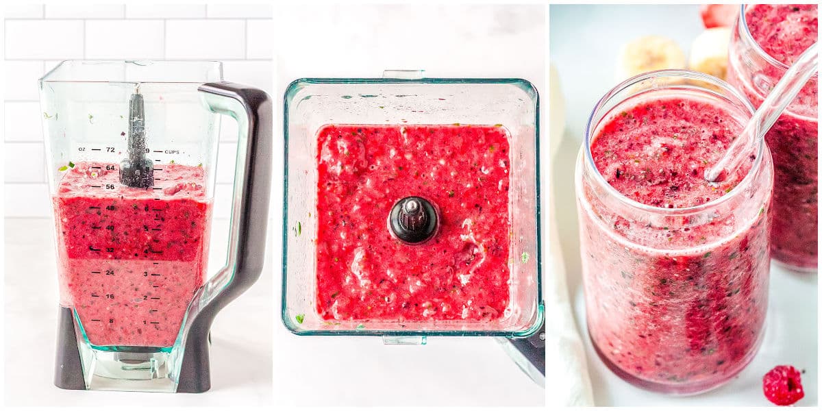 a collage showing blending the ingredients for smoothie packs and pouring into a glass for serving