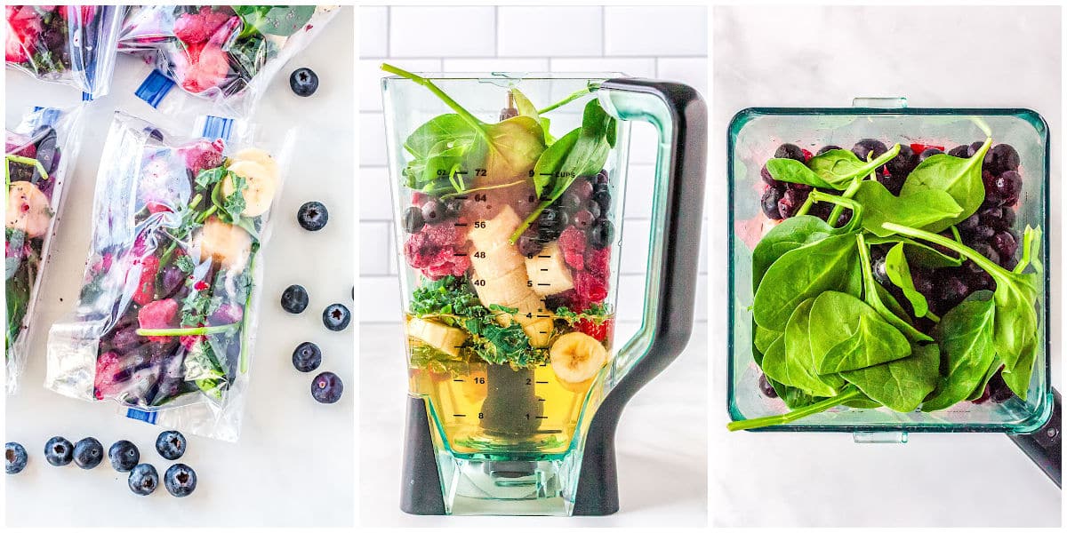 collage for making premade smoothie packs by freezing ingredients in ziploc bags, adding juice and fruit and veggies to the blender