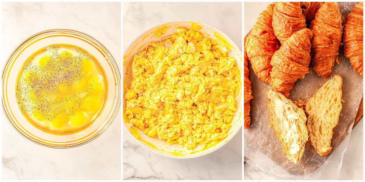 a collage showing how to make breakfast sandwiches by whisking the eggs together, cooking the eggs, and slicing the croissants and spreading butter on them