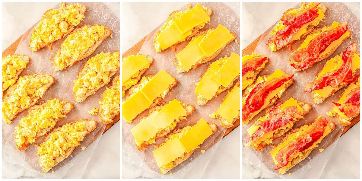 a collage showing how to make breakfast sandwiches by layering the croissants with eggs, cheese, and bacon.
