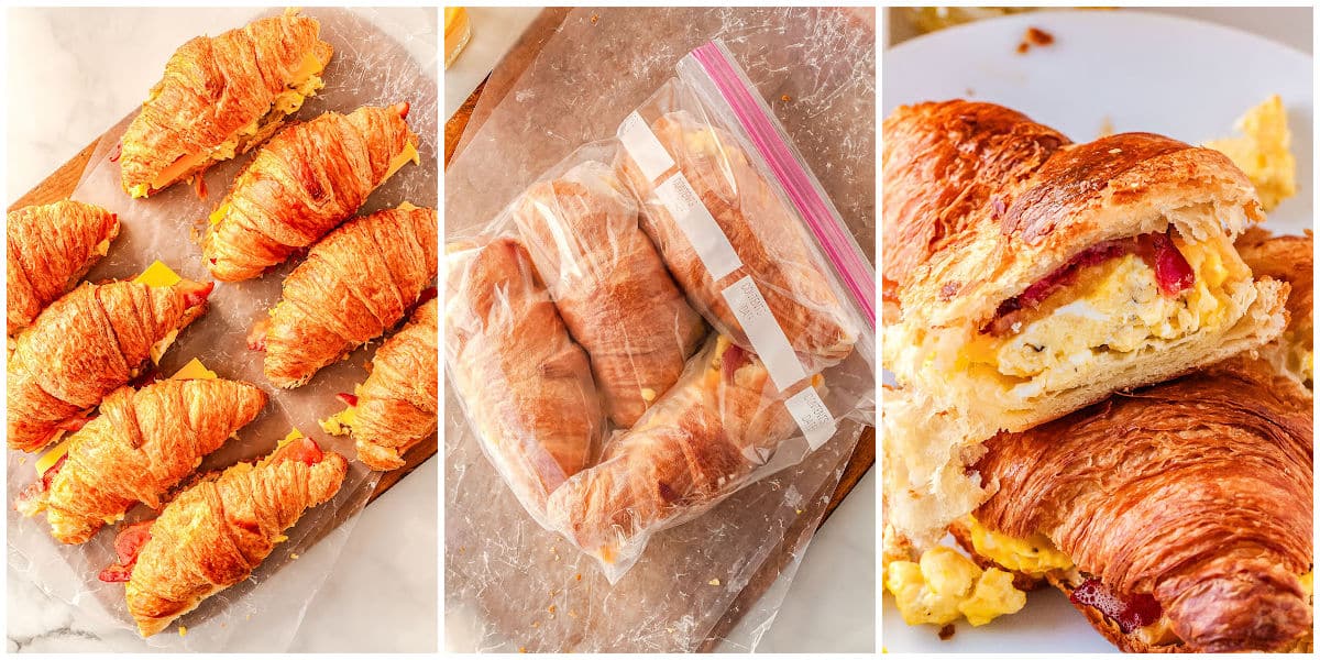 a collage showing how to make frozen breakfast sandwiches by placing the top croissant half on top of the bacon, wrapping and placing the crossiants in a freezer safe bag, and baking the croissants before serving.