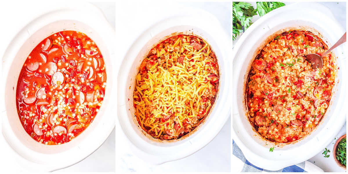 a collage showing how to make sausage and rice casserole by adding the ingredients to the crockpot, cooking, adding the cheese, and serving