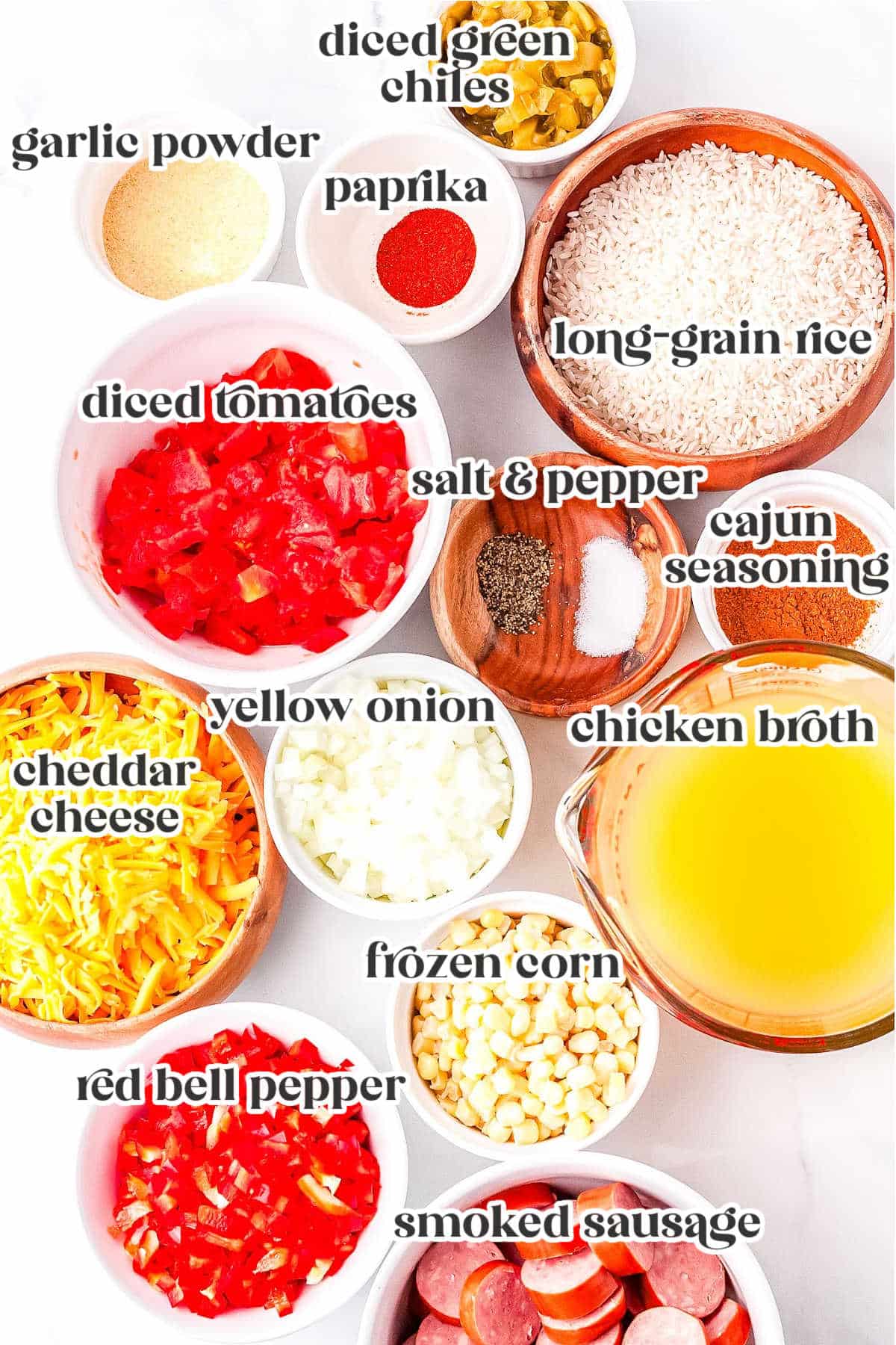 ingredients for sausage and rice casserole with text overlay
